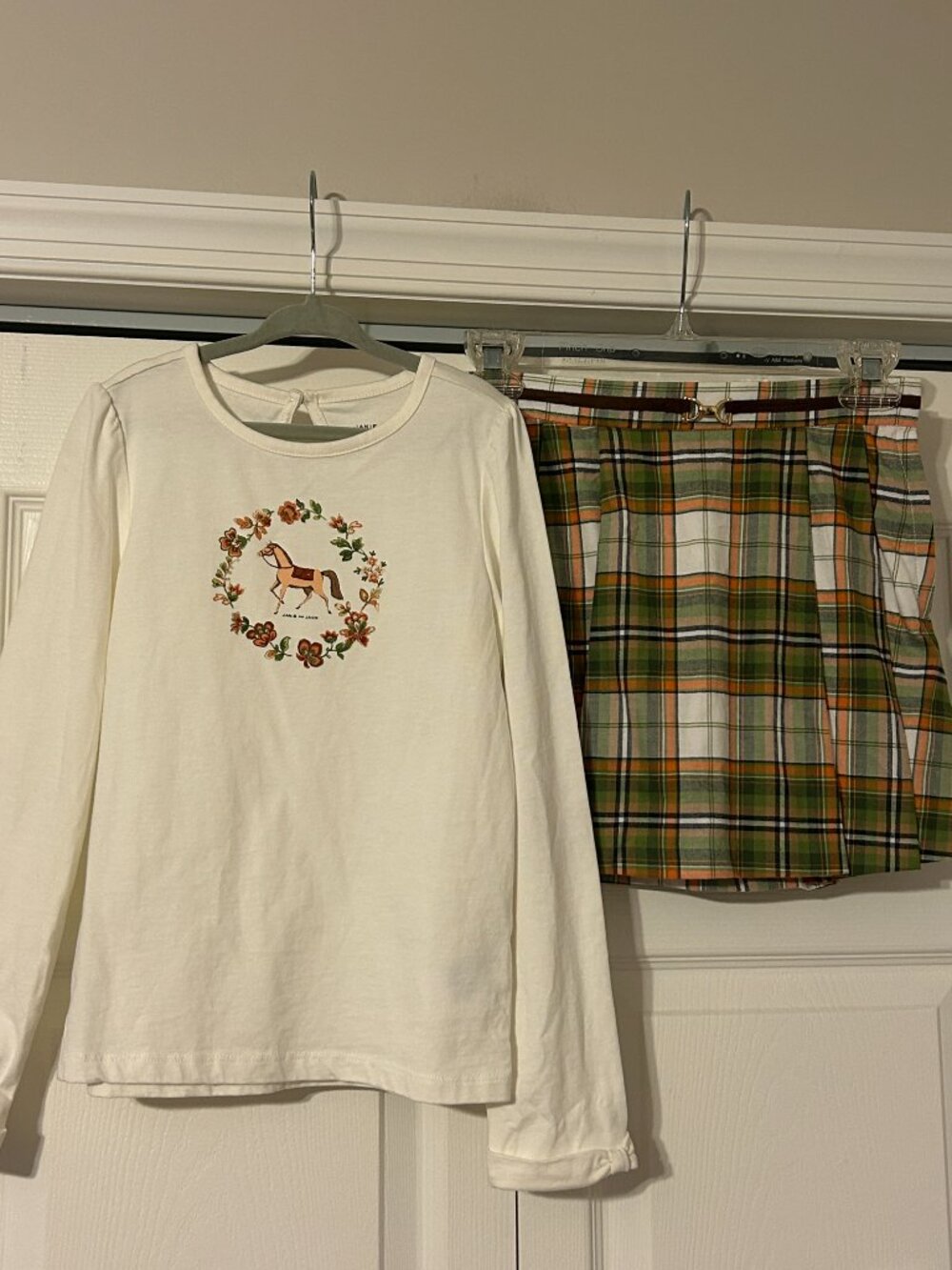 NWT JANIE & JACK Sz 8 Equestrian Plaid 2 Pc Skirt & Horse Top Set / Outfit NEW
